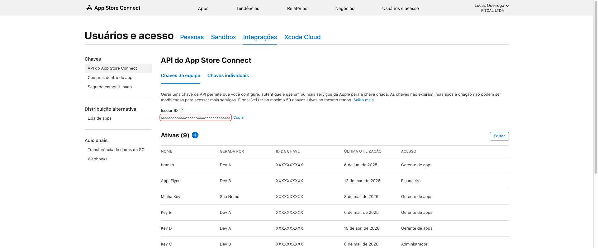 Key ID e Issuer ID no App Store Connect