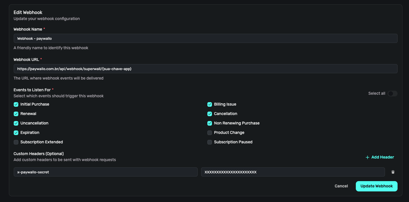 Configuração do webhook no Superwall